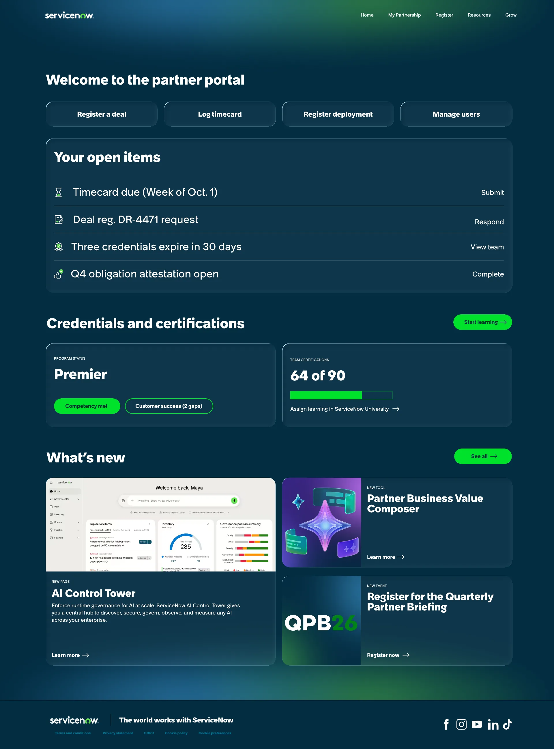 The task-first alternative: a welcome line, four task buttons and open items at the top, with credentials and What's new below and no hero.